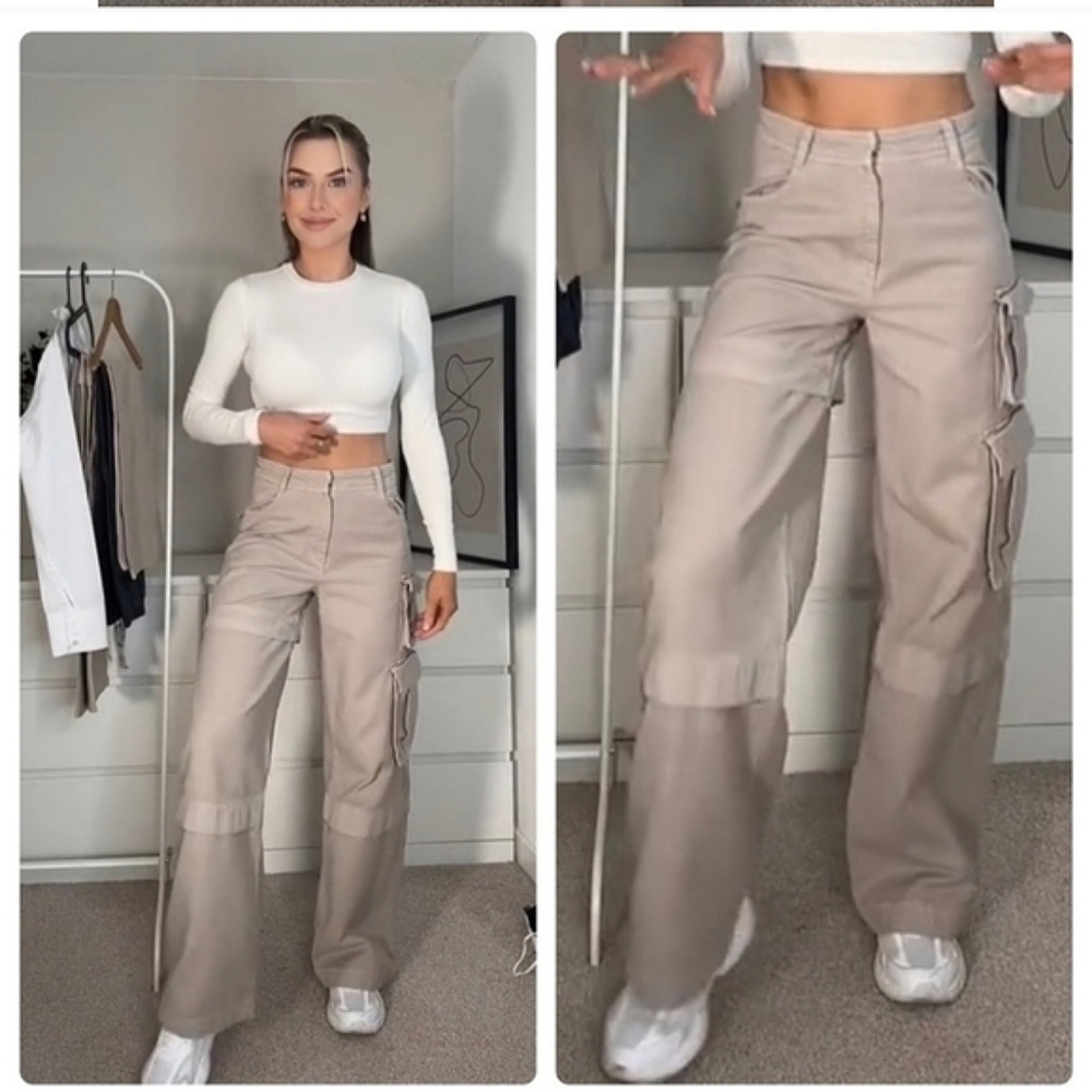 Zara * Cargo Pants Trousers Wide Beige - Picture 2 of 15